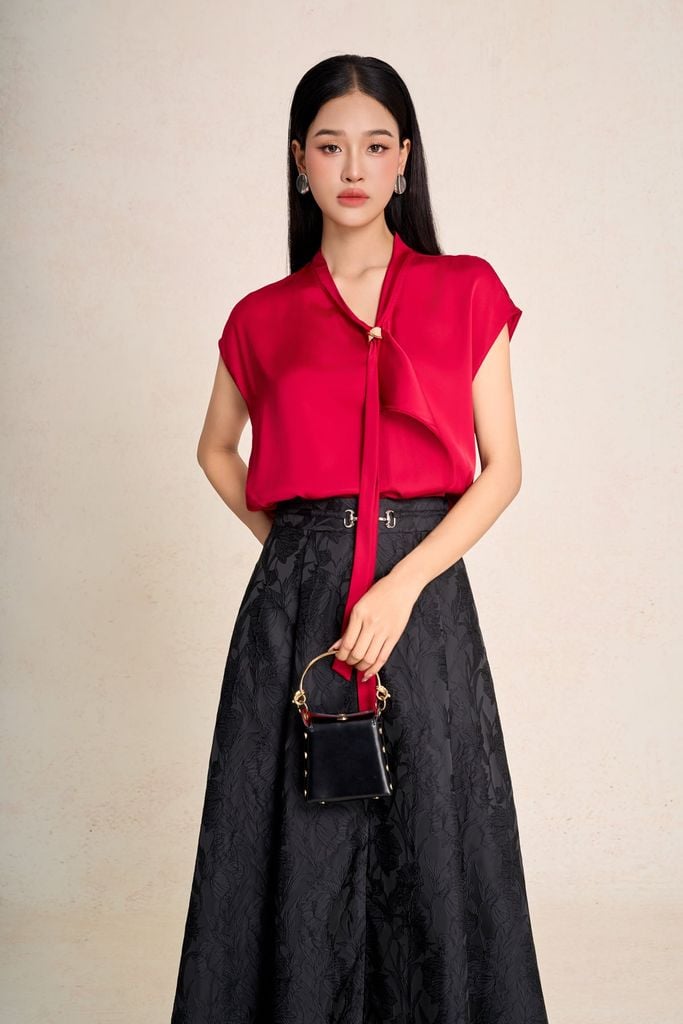 FAS34123 - Áo sơ mi công sở vải lụa bóng cổ phối vạt tay chờm tạo kiểu - PANTIO