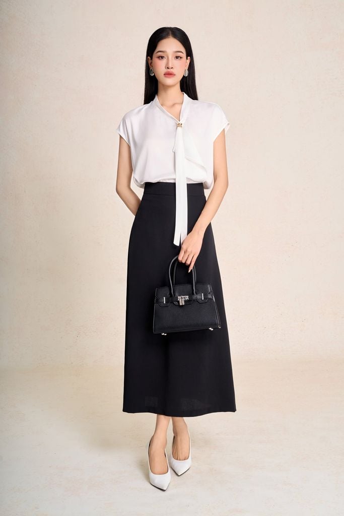 FAS34123 - Áo sơ mi công sở vải lụa bóng cổ phối vạt tay chờm tạo kiểu - PANTIO