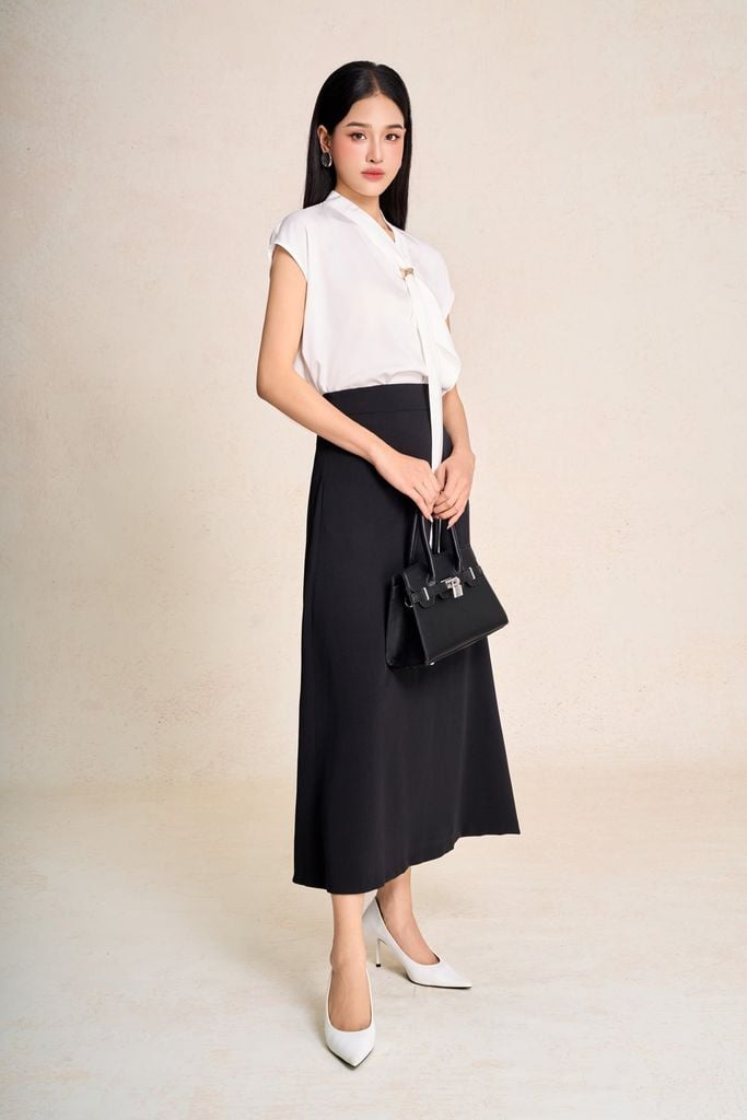 FAS34123 - Áo sơ mi công sở vải lụa bóng cổ phối vạt tay chờm tạo kiểu - PANTIO