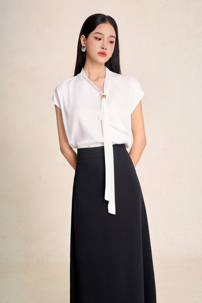 FAS34123 - Áo sơ mi công sở vải lụa bóng cổ phối vạt tay chờm tạo kiểu - PANTIO