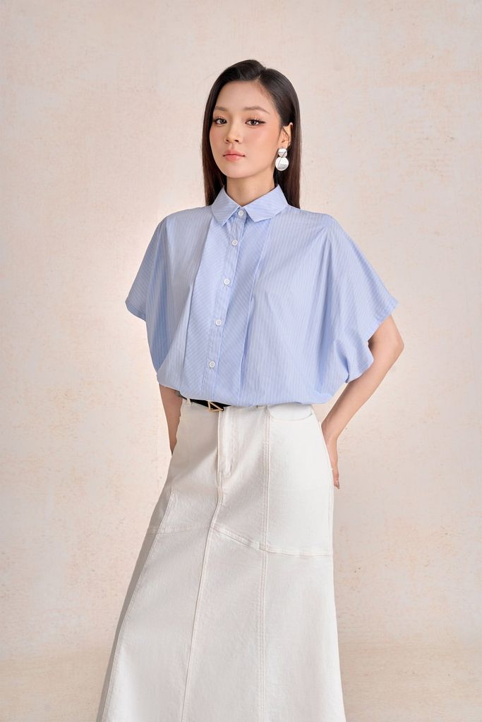FAS34139 - Áo sơ mi công sở vải thô kate dáng ngắn cổ đức tay lỡ gấu áo bo chun tạo kiểu - PANTIO
