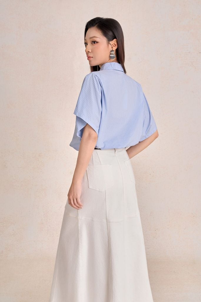 FAS34139 - Áo sơ mi công sở vải thô kate dáng ngắn cổ đức tay lỡ gấu áo bo chun tạo kiểu - PANTIO