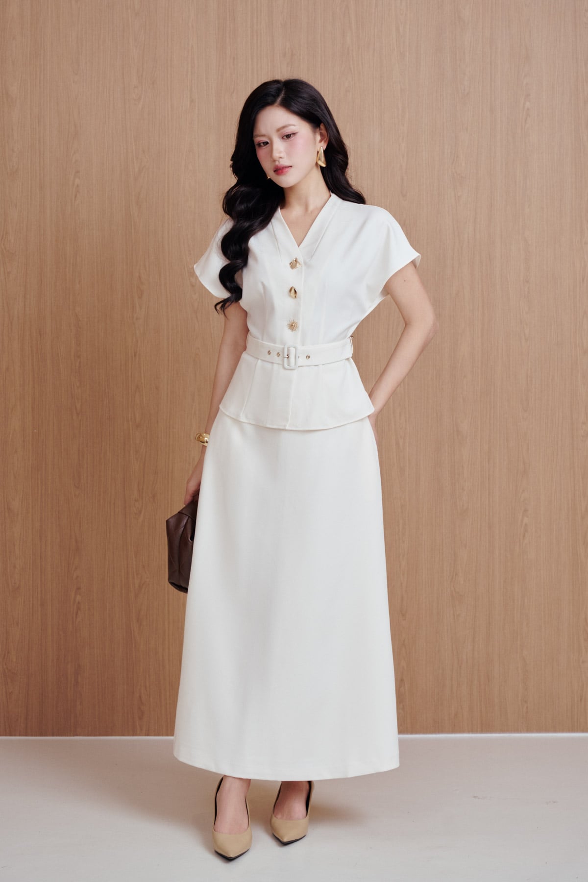 FAS34143 - tylekeo8888 kiểu công sở vải thô đũi dáng peplum cổ xẻ V tay chờm thân áo đính khuy thời trang eo phối dây đai - tỷ lệ kèo 8899