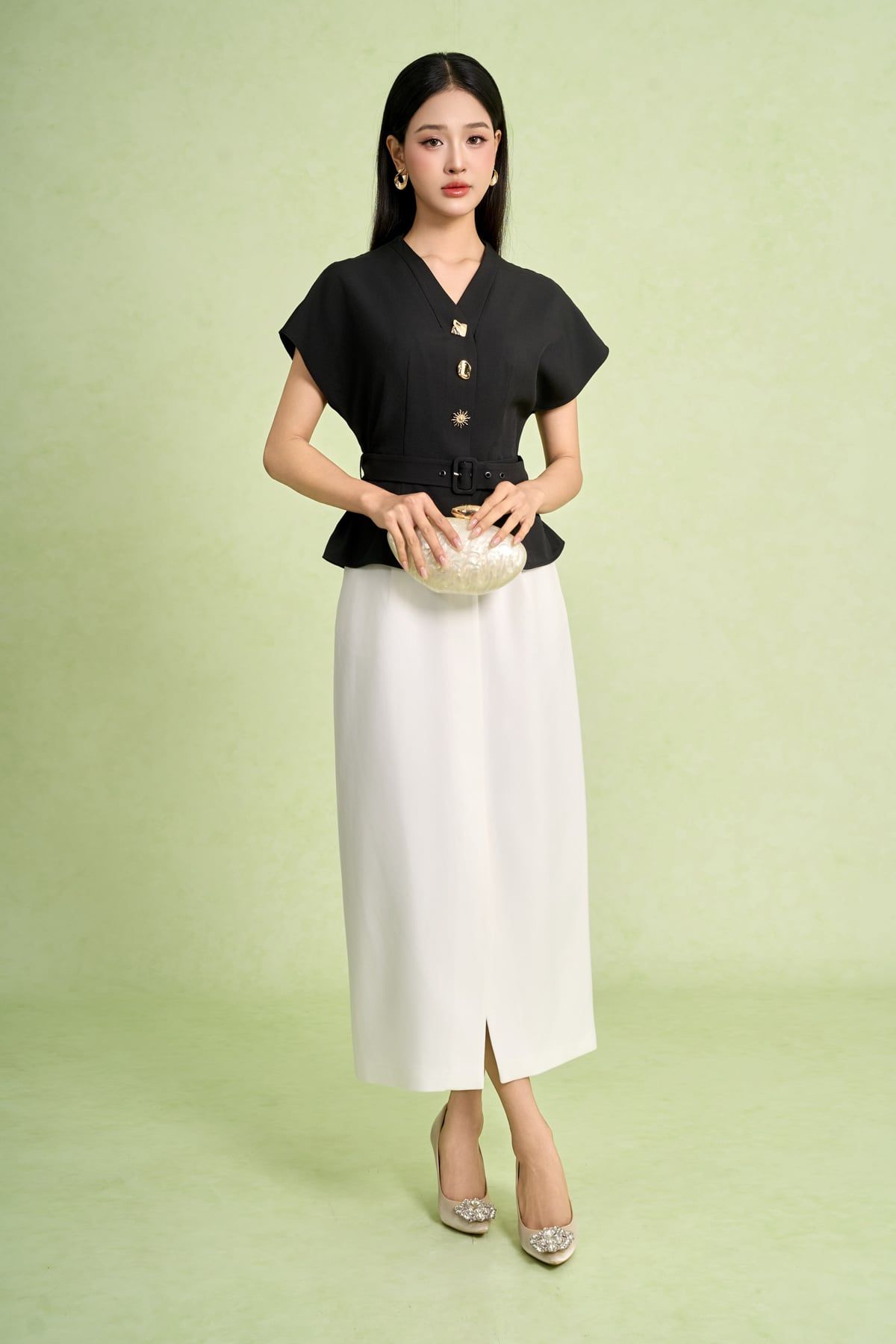 FAS34143 - Áo sơ mi kiểu công sở vải thô đũi dáng peplum cổ xẻ V tay chờm thân áo đính khuy thời trang eo phối dây đai - PANTIO