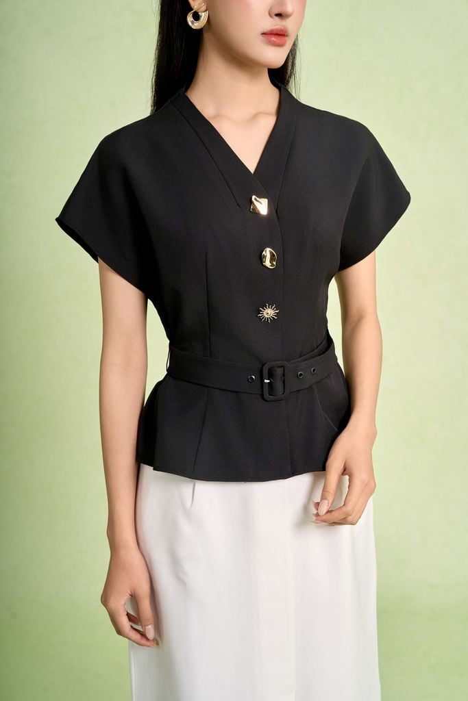 FAS34143 - Áo sơ mi kiểu công sở vải thô đũi dáng peplum cổ xẻ V tay chờm thân áo đính khuy thời trang eo phối dây đai - PANTIO