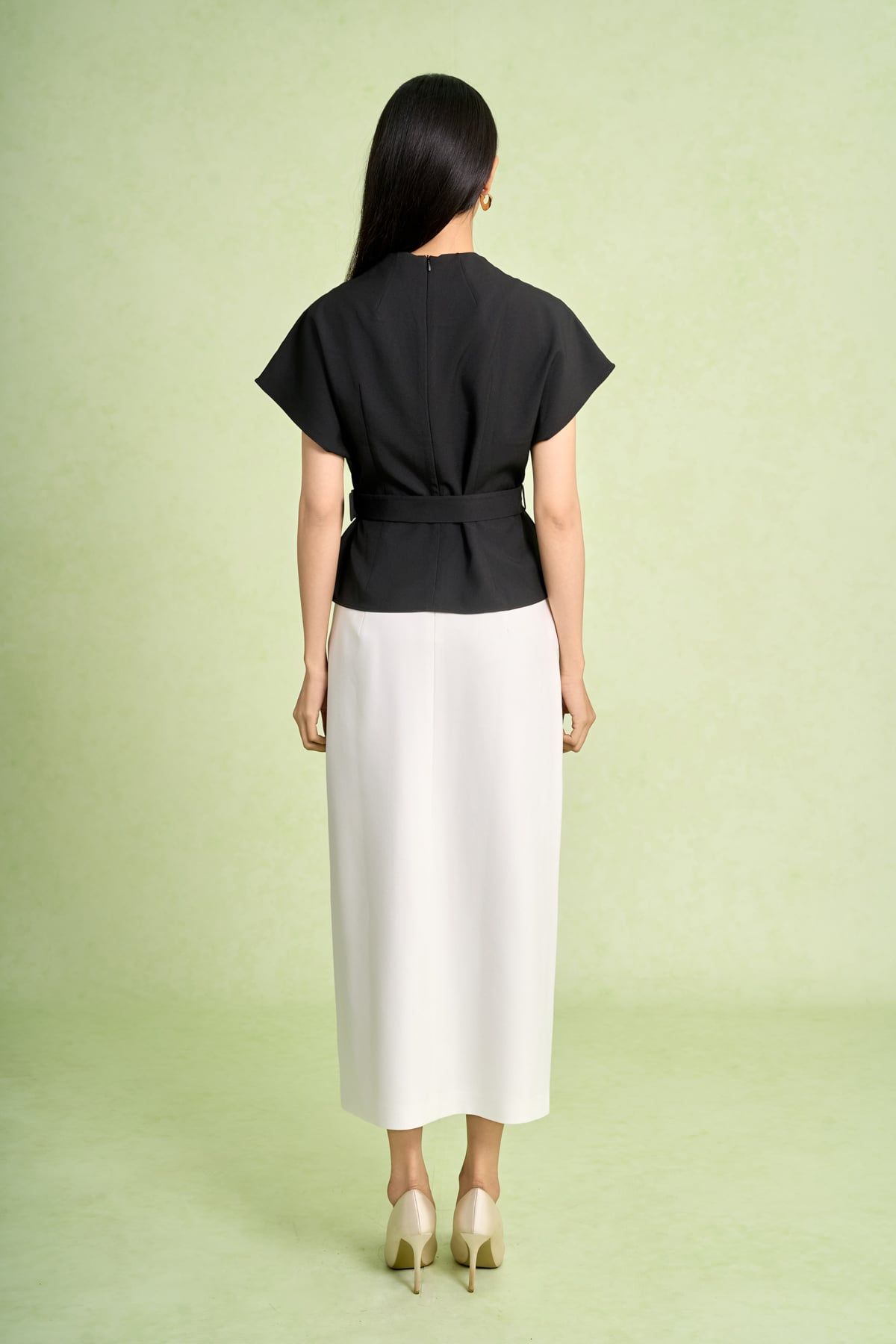 FAS34143 - Áo sơ mi kiểu công sở vải thô đũi dáng peplum cổ xẻ V tay chờm thân áo đính khuy thời trang eo phối dây đai - PANTIO