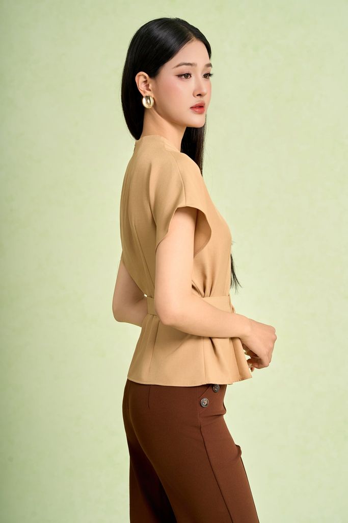 FAS34143 - Áo sơ mi kiểu công sở vải thô đũi dáng peplum cổ xẻ V tay chờm thân áo đính khuy thời trang eo phối dây đai - PANTIO