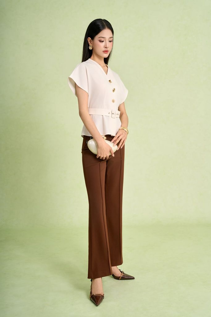 FAS34143 - Áo sơ mi kiểu công sở vải thô đũi dáng peplum cổ xẻ V tay chờm thân áo đính khuy thời trang eo phối dây đai - PANTIO