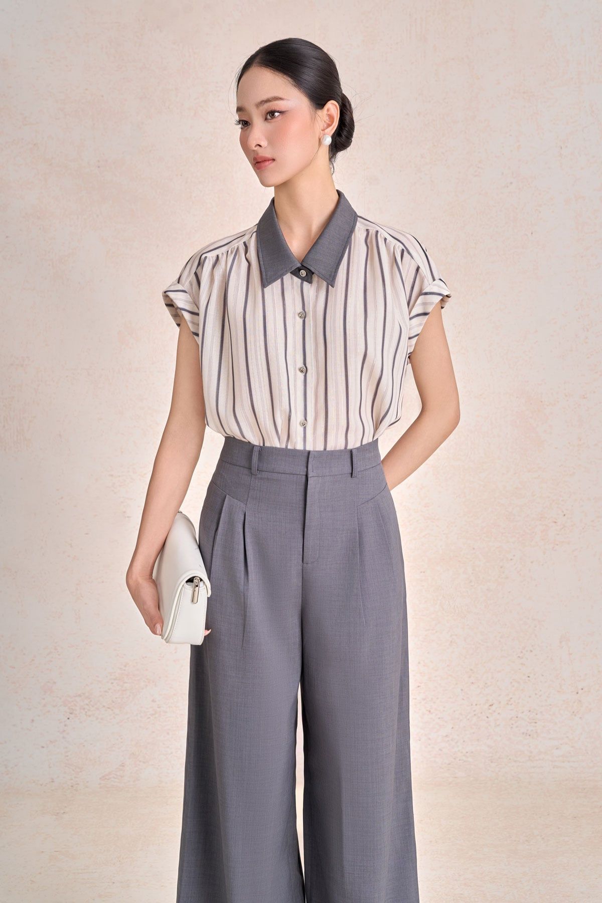 BQD93541 - Quần dài công sở vải thô đũi dáng suông ống rộng cạp cao thân quần phối ly bung tạo kiểu khoá thân trước - PANTIO