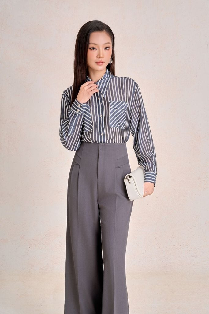 FAS34152 - Áo sơ mi công sở vải tơ kẻ dáng suông rộng cổ bẻ tay dài ngực áo có túi tạo kiểu - PANTIO