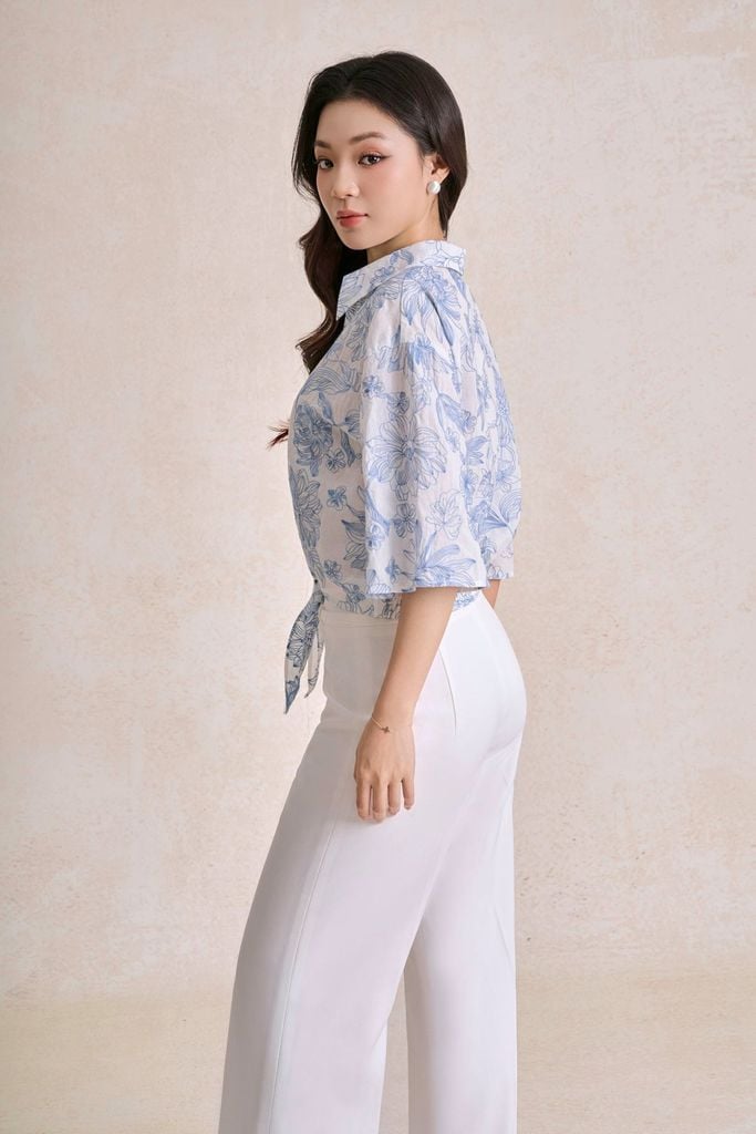 FAS34159 - tylekeo8888 công sở vải cotton dáng ngắn cổ bẻ tay lửng gấu áo phối vạt thắt tạo kiểu - tỷ lệ kèo 8899