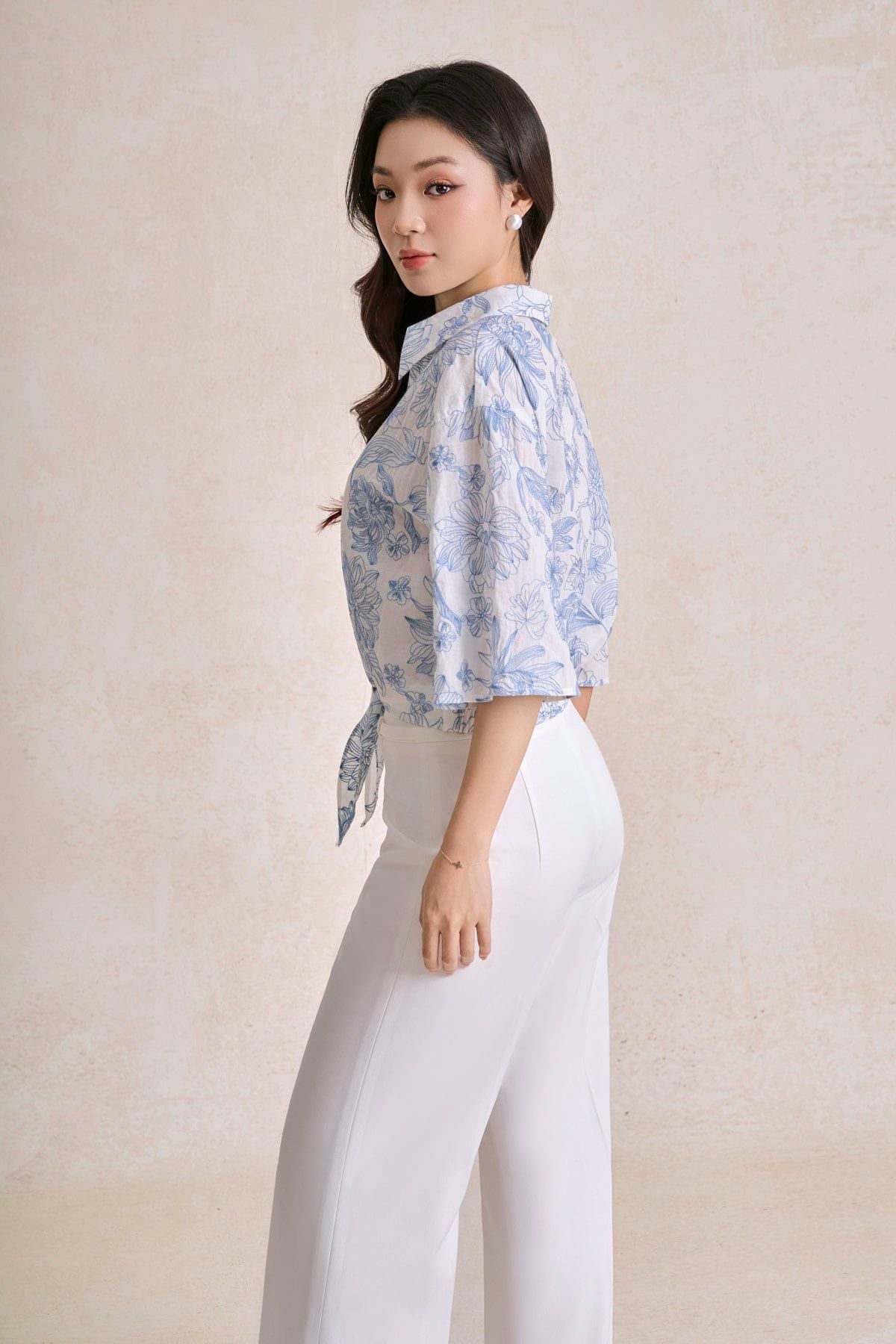 FAS34159 - tylekeo8888 công sở vải cotton dáng ngắn cổ bẻ tay lửng gấu áo phối vạt thắt tạo kiểu - tỷ lệ kèo 8899