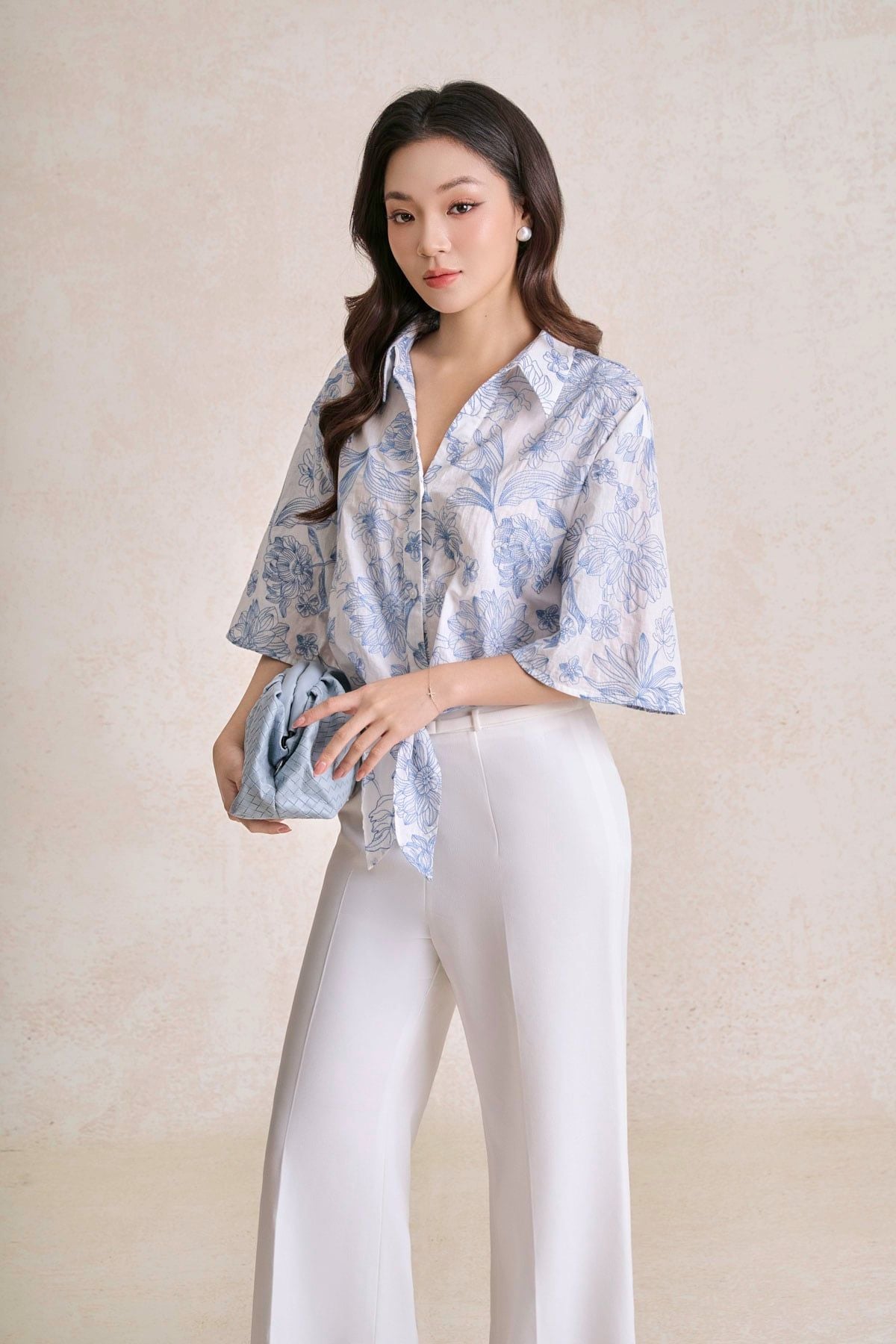 FAS34159 - tylekeo8888 công sở vải cotton dáng ngắn cổ bẻ tay lửng gấu áo phối vạt thắt tạo kiểu - tỷ lệ kèo 8899