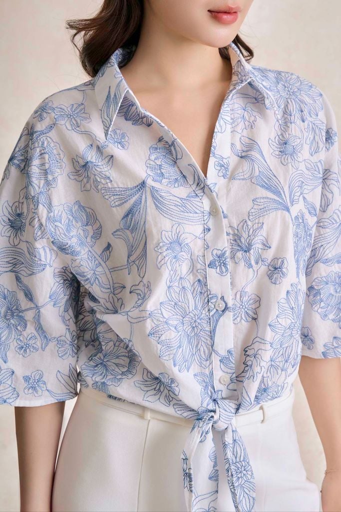 FAS34159 - tylekeo8888 công sở vải cotton dáng ngắn cổ bẻ tay lửng gấu áo phối vạt thắt tạo kiểu - tỷ lệ kèo 8899