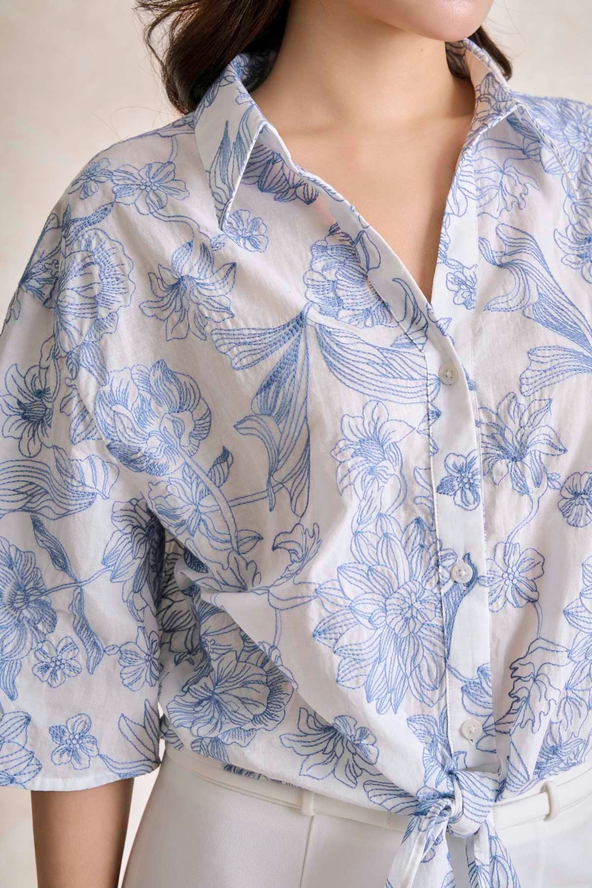 FAS34159 - tylekeo8888 công sở vải cotton dáng ngắn cổ bẻ tay lửng gấu áo phối vạt thắt tạo kiểu - tỷ lệ kèo 8899