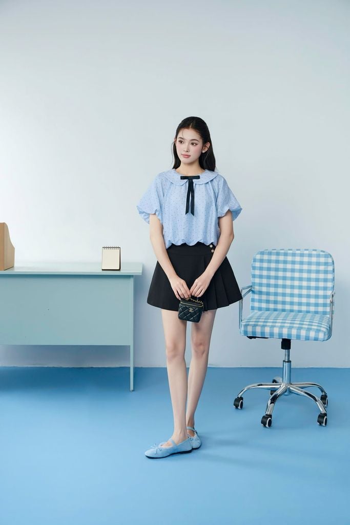 FAS34191 - tylekeo8888 công sở vải tơ dáng ngắn cổ bẻ đính nơ tay bồng tạo kiểu gấu áo bo chun ôm - JAN.
