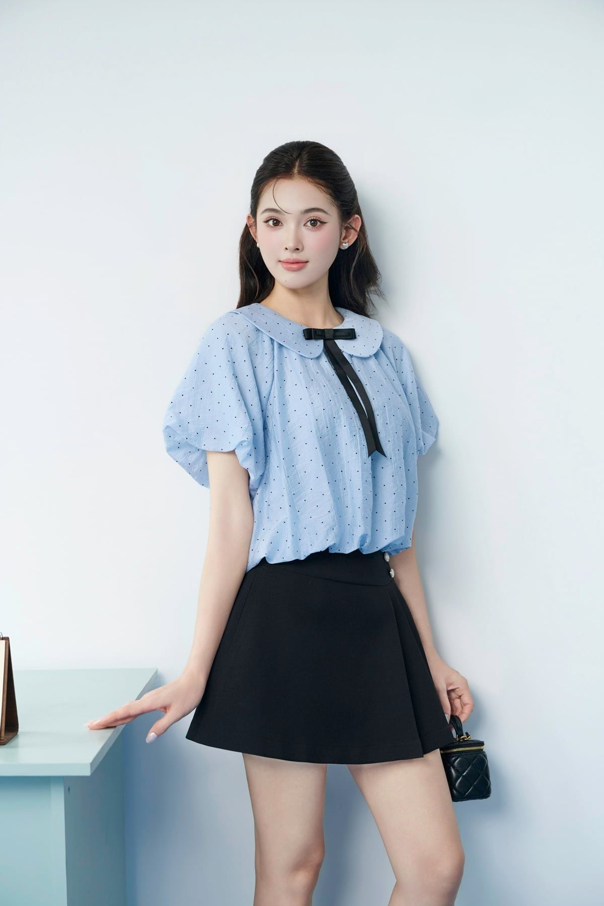 FAS34191 - tylekeo8888 công sở vải tơ dáng ngắn cổ bẻ đính nơ tay bồng tạo kiểu gấu áo bo chun ôm - JAN.