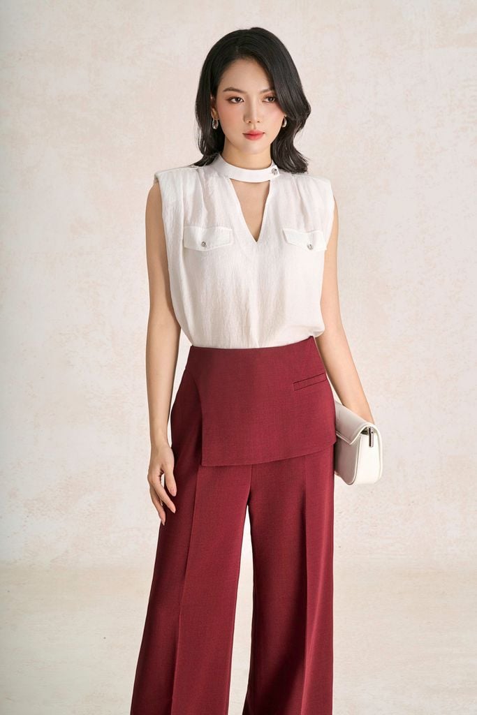FQD51221 - Quần dài công sở vải thô dáng suông ống đứng cạp cao phối vạt tạo kiểu - PANTIO