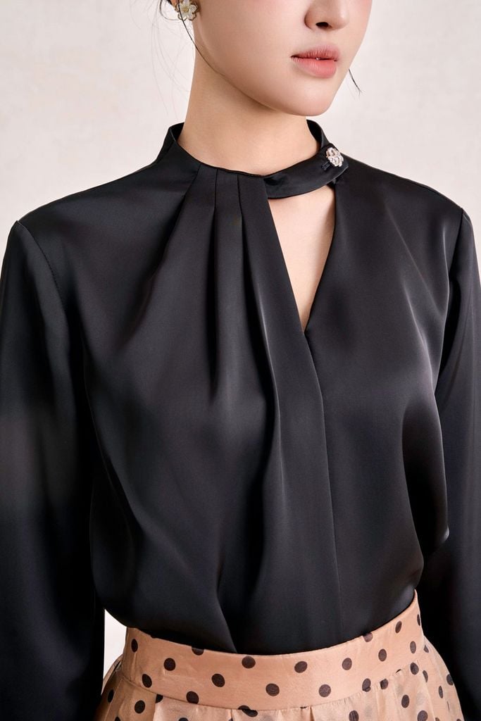 FAS34211 - tylekeo8888 công sở vải lụa cát dáng suông cổ tròn cut out tạo kiểu tay dài phối măng sec - tỷ lệ kèo 8899