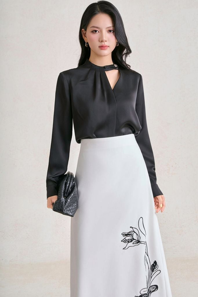 FAS34211 - Áo sơ mi công sở vải lụa cát dáng suông cổ tròn cut out tạo kiểu tay dài phối măng sec - PANTIO