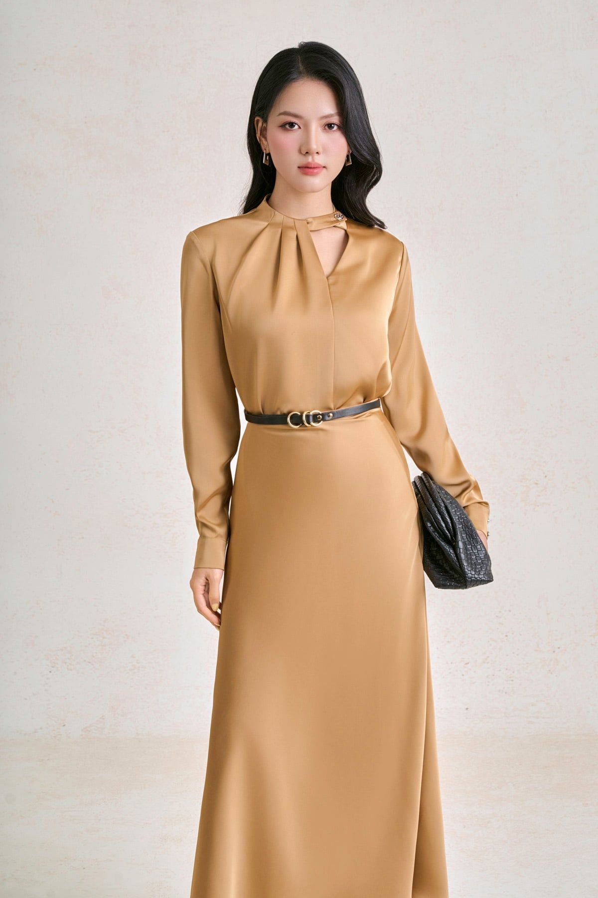 FAS34211 - Áo sơ mi công sở vải lụa cát dáng suông cổ tròn cut out tạo kiểu tay dài phối măng sec - PANTIO
