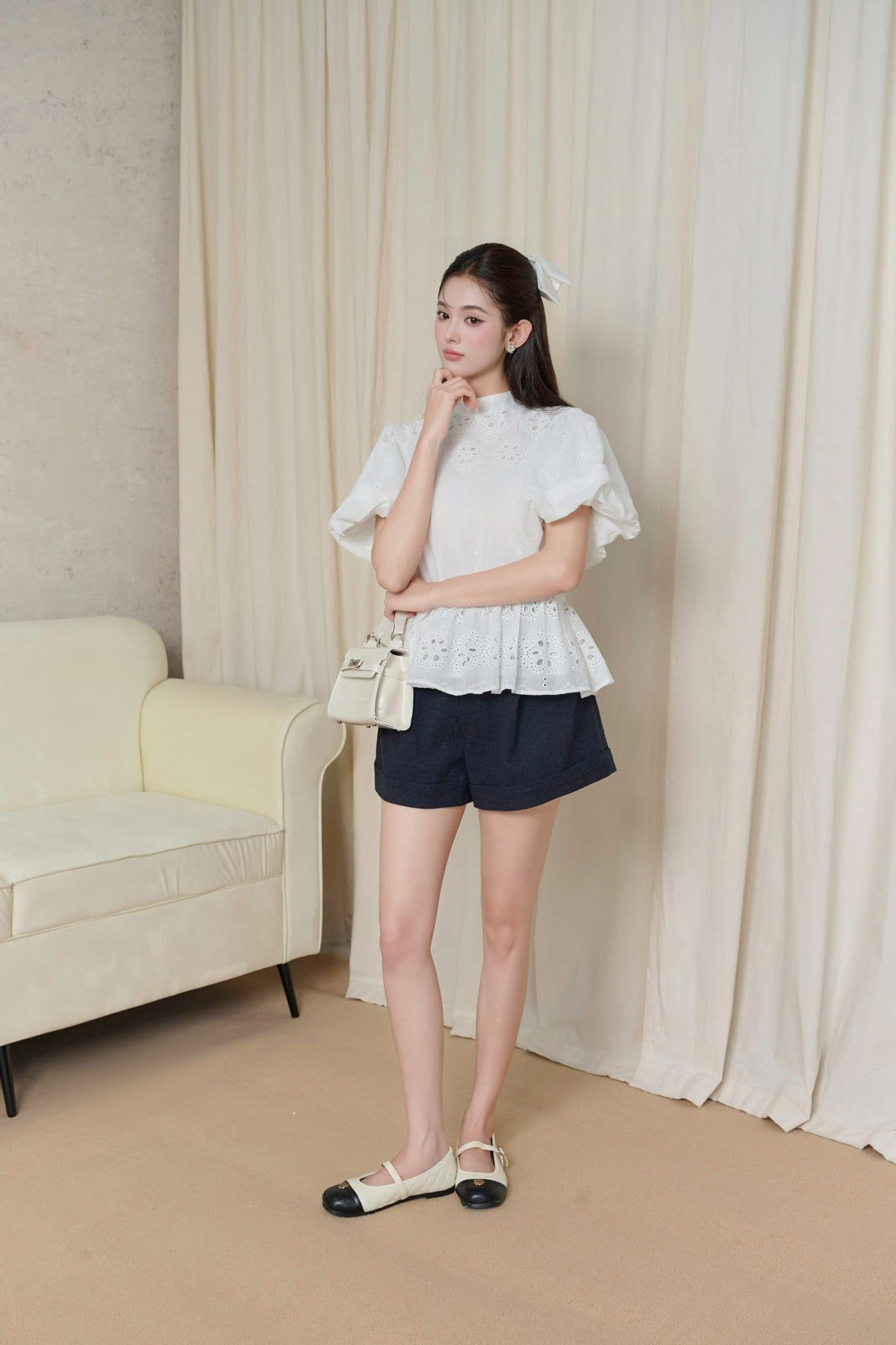 FAS34217 - tylekeo8888 vải thô dáng xoè cổ cao tay bồng thân áo phối viền bèo tạo kiểu - JAN.
