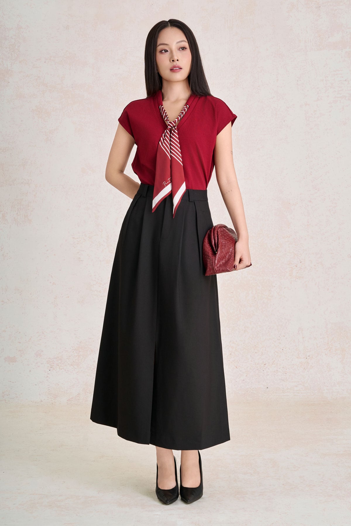 FAS34221 - Áo sơ mi vải thun cotton dáng suông cổ xẻ V phối vạt thắt tạo kiểu - PANTIO