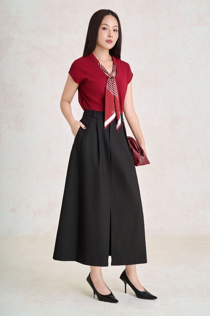 FAS34221 - Áo sơ mi vải thun cotton dáng suông cổ xẻ V phối vạt thắt tạo kiểu - PANTIO