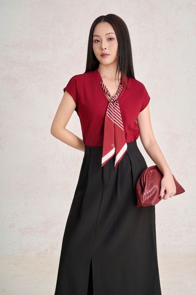 FAS34221 - Áo sơ mi vải thun cotton dáng suông cổ xẻ V phối vạt thắt tạo kiểu - PANTIO