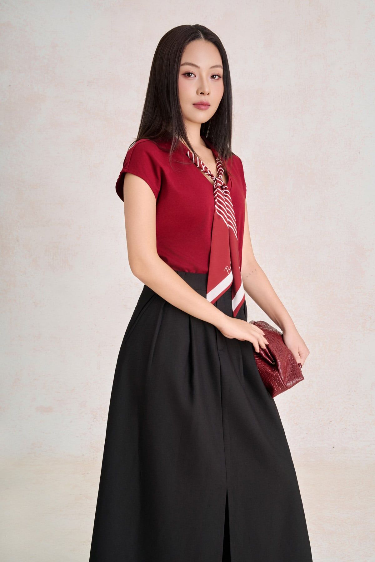 FAS34221 - Áo sơ mi vải thun cotton dáng suông cổ xẻ V phối vạt thắt tạo kiểu - PANTIO
