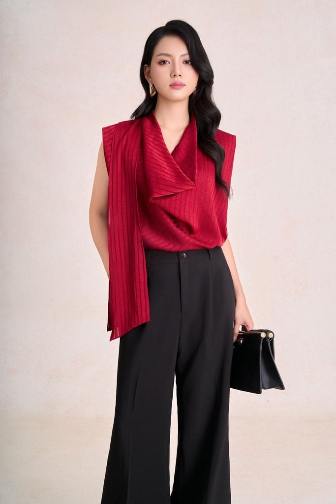 FAS34307 - Áo sơ mi công sở vải tơ dáng suông cổ đổ phối vạt vai chờm tạo kiểu - PANTIO