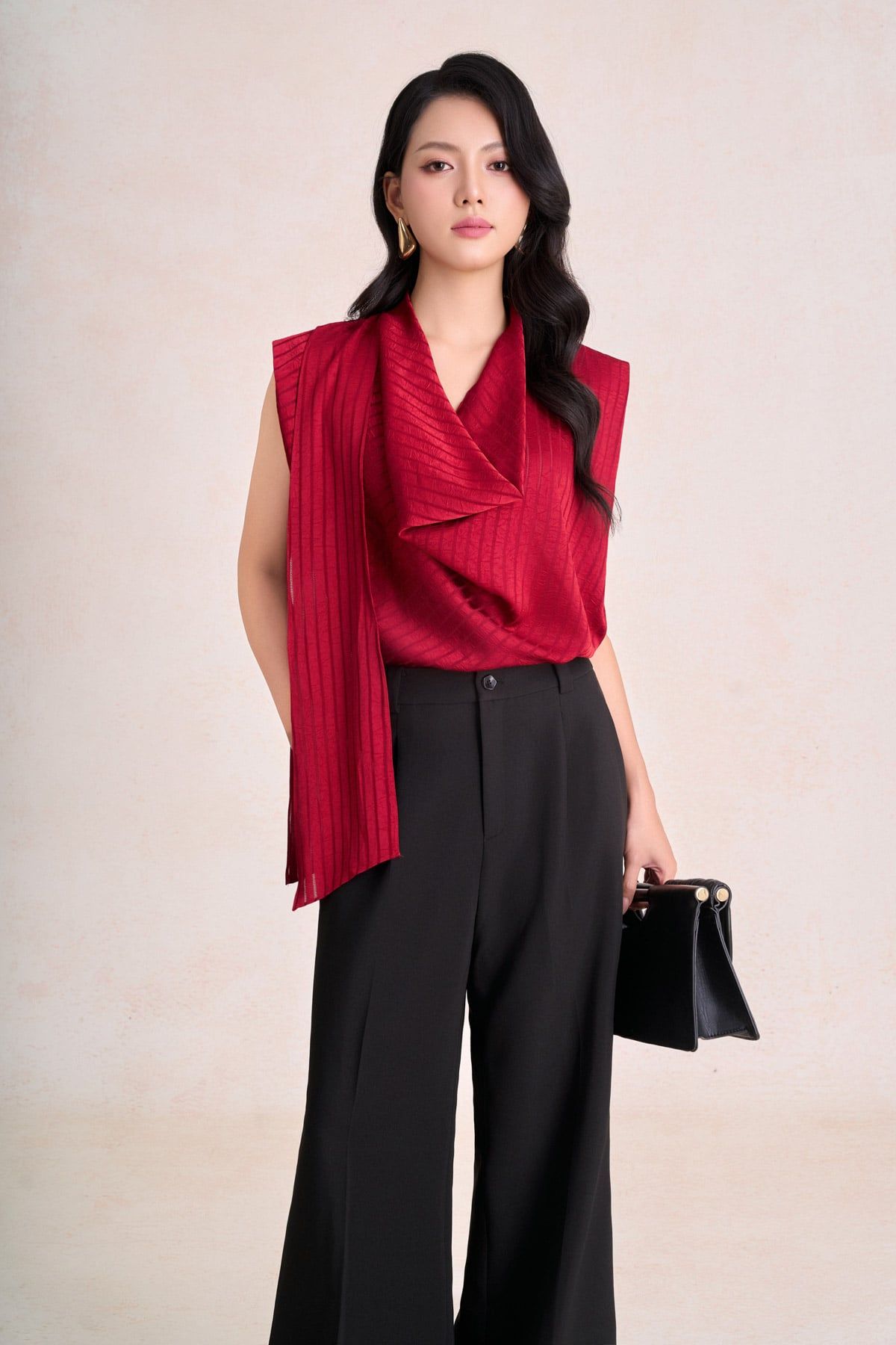 FQD51263 - Quần dài công sở vải thô dáng suông ống rộng thân quần phối ly bung tạo kiểu khoá thân trước