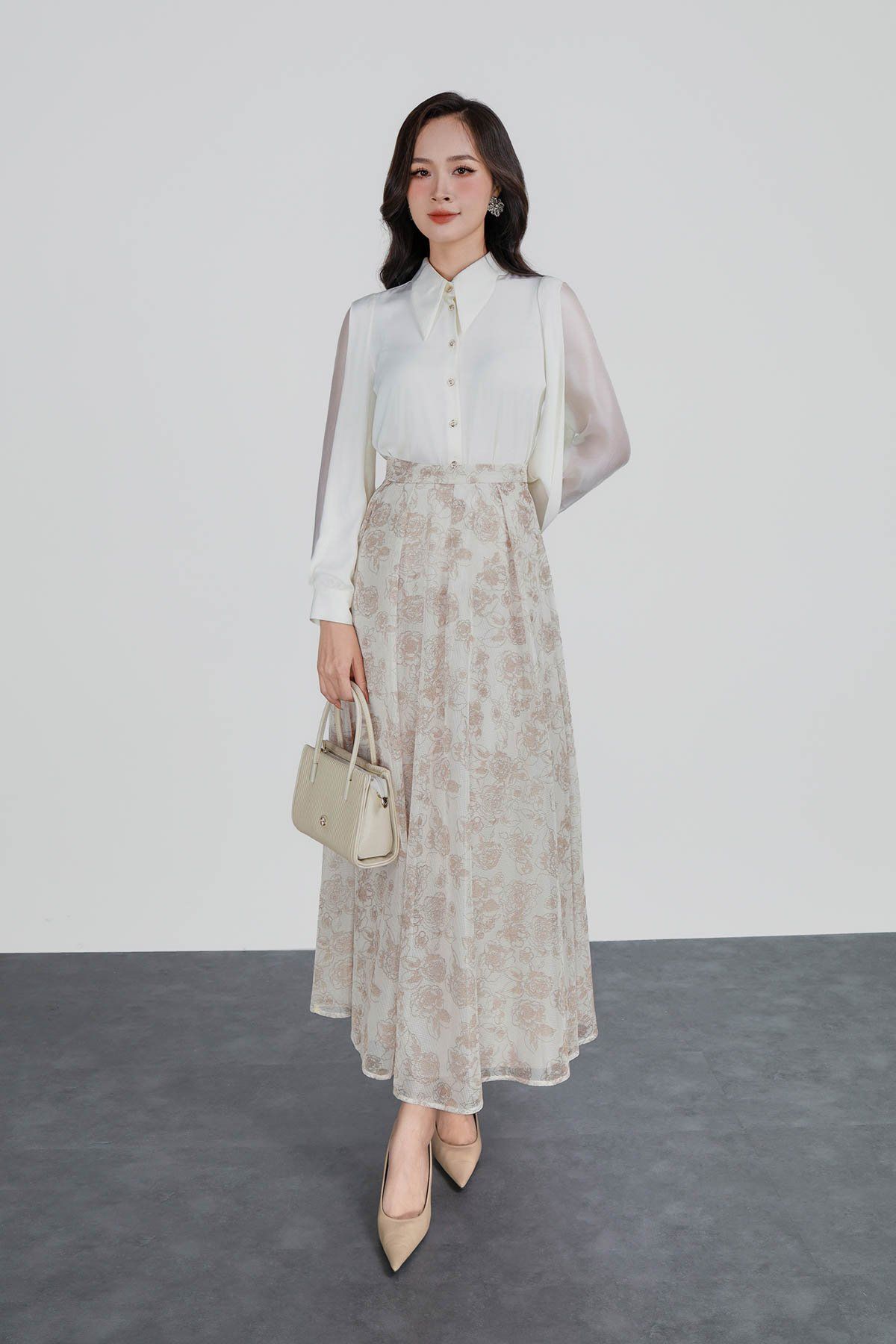 FJD51124 - Chân váy công sở vải lưới dáng xòe có lót vải habutai xếp li bong khóa thân sau - PANTIO