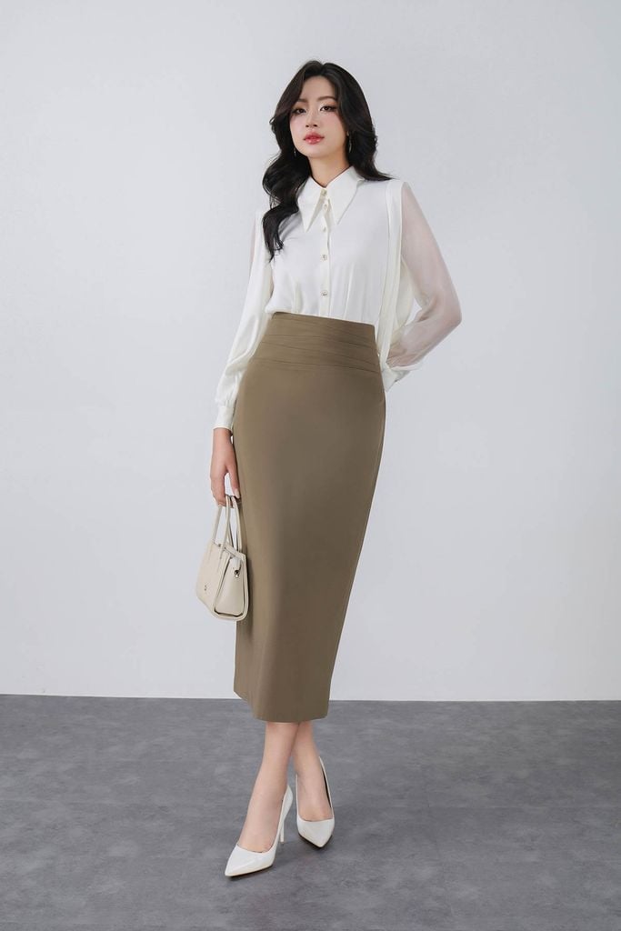 FJD51335 - Chân váy dài công sở vải tuytsi dáng suông cạp liền xếp nhún tạo kiểu khoá thân sau - PANTIO