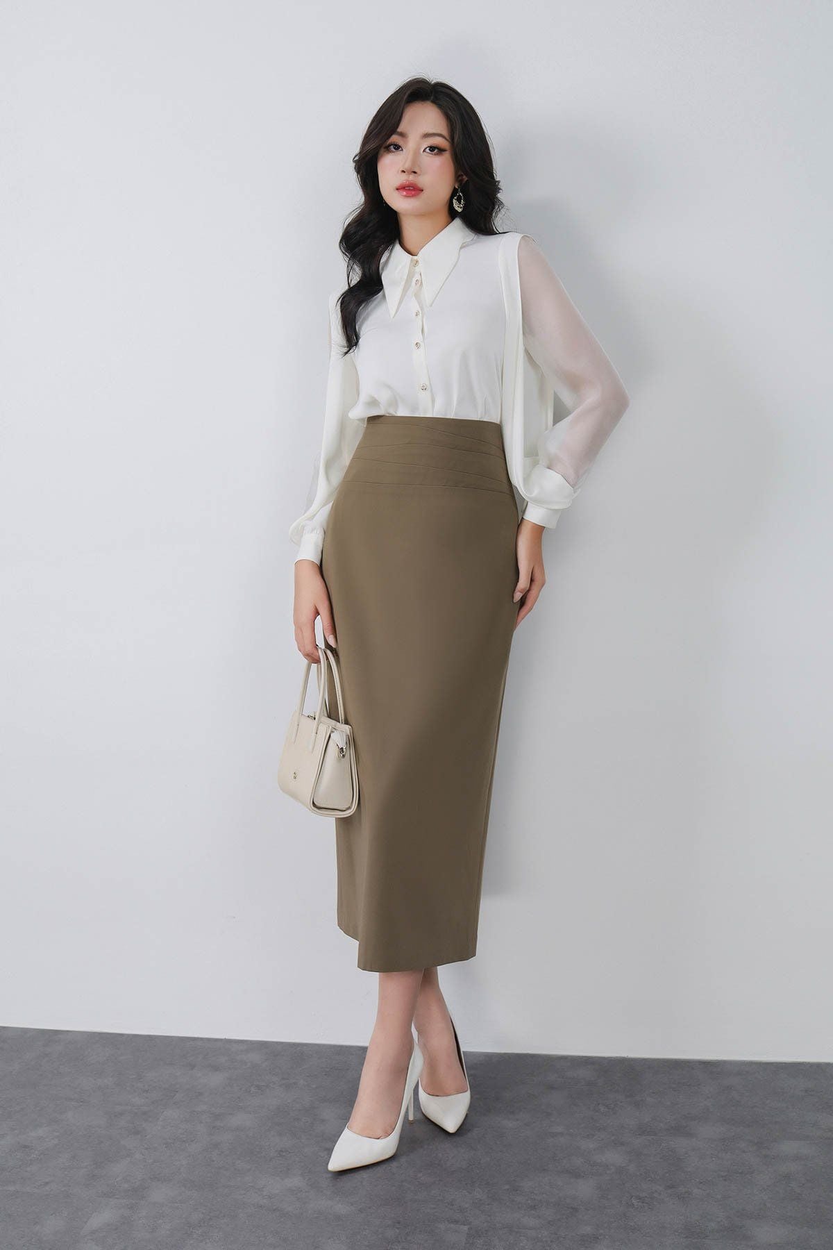 FJD51335 - Chân váy dài công sở vải tuytsi dáng suông cạp liền xếp nhún tạo kiểu khoá thân sau - PANTIO