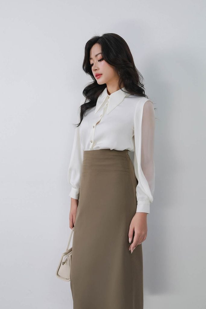 FAS53637 - Áo kiểu công sở vải lụa tằm cổ đức tay phối vải tơ hai vạt tạo kiểu - PANTIO