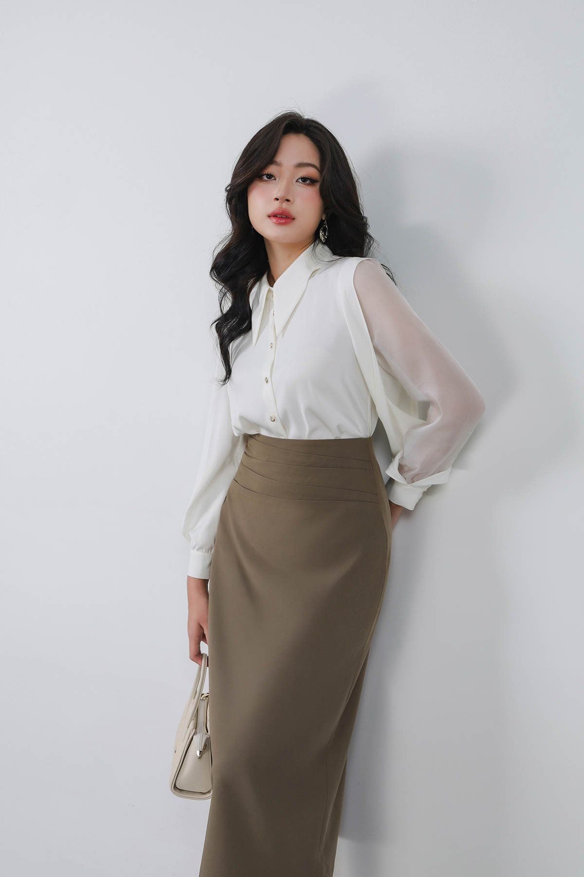 FJD51335 - Chân váy dài công sở vải tuytsi dáng suông cạp liền xếp nhún tạo kiểu khoá thân sau - PANTIO