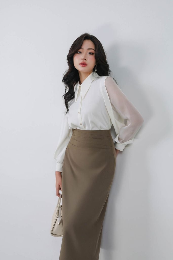 FAS53637 - Áo kiểu công sở vải lụa tằm cổ đức tay phối vải tơ hai vạt tạo kiểu - PANTIO