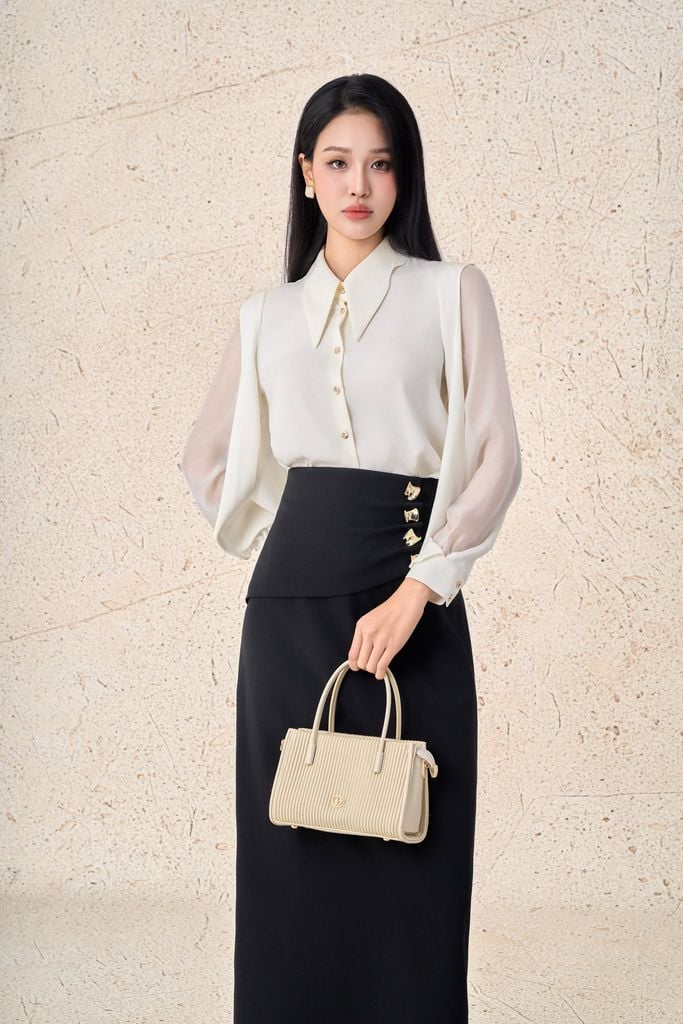 FJD51342 - Chân váy dài công sở vải thô dáng chữ A hông xếp nhún phối khuy kim loại tạo kiểu khoá thân sau - PANTIO