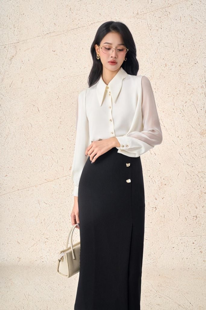 FJD51361 - Chân váy dài công sở vải thô dày dáng suông cạp liền eo váy phối khuy kim loại thời trang khoá thân sau - PANTIO