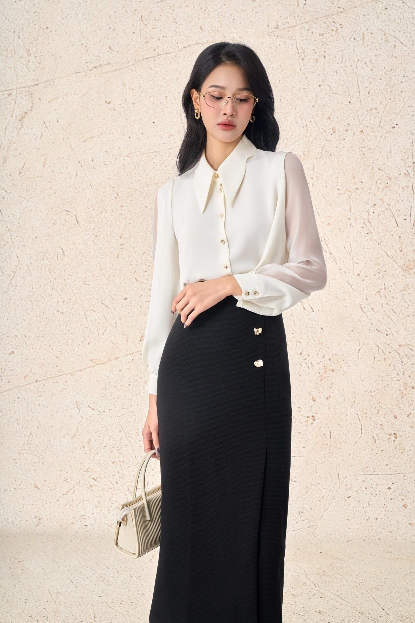 FJD51361 - Chân váy dài công sở vải thô dày dáng suông cạp liền eo váy phối khuy kim loại thời trang khoá thân sau - PANTIO