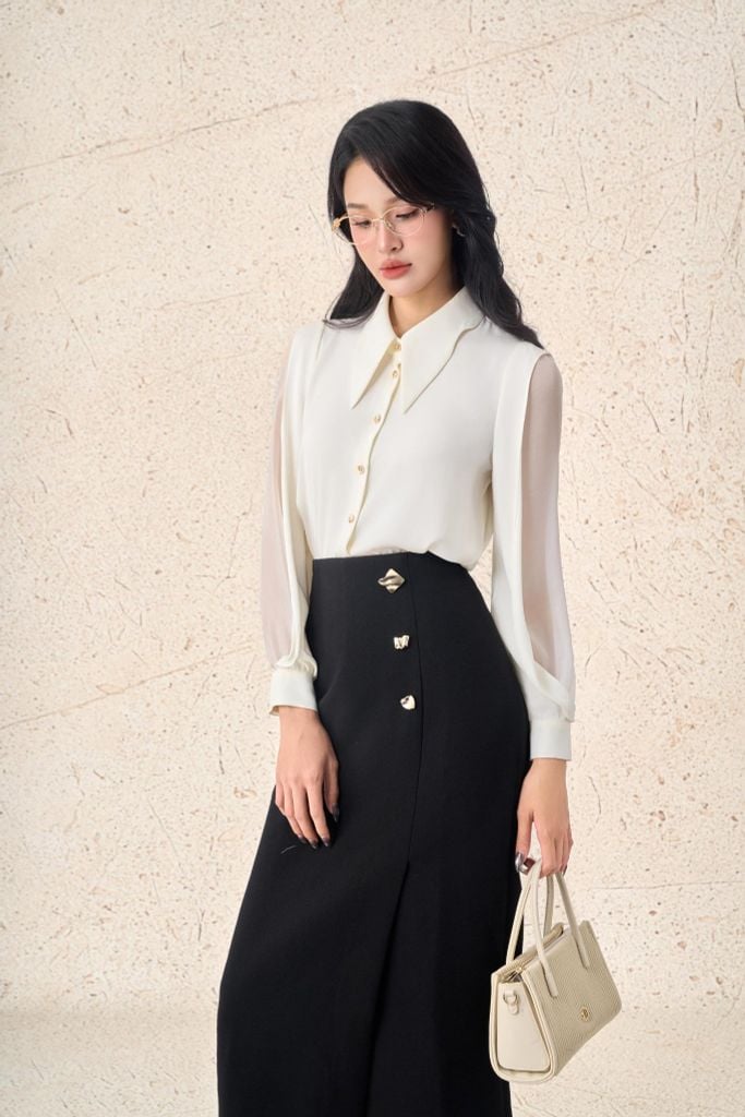 FJD51361 - Chân váy dài công sở vải thô dày dáng suông cạp liền eo váy phối khuy kim loại thời trang khoá thân sau - PANTIO