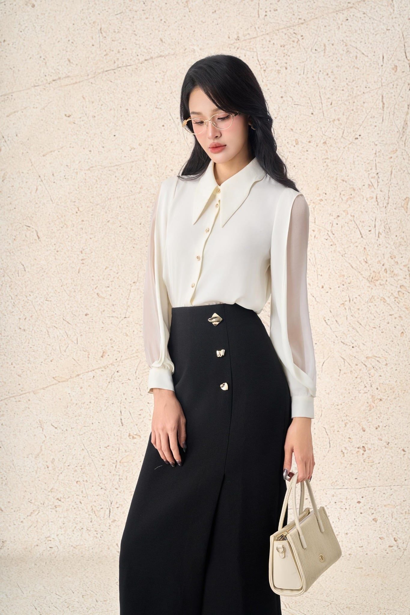 FAS53637 - Áo kiểu công sở vải lụa tằm cổ đức tay phối vải tơ hai vạt tạo kiểu - PANTIO