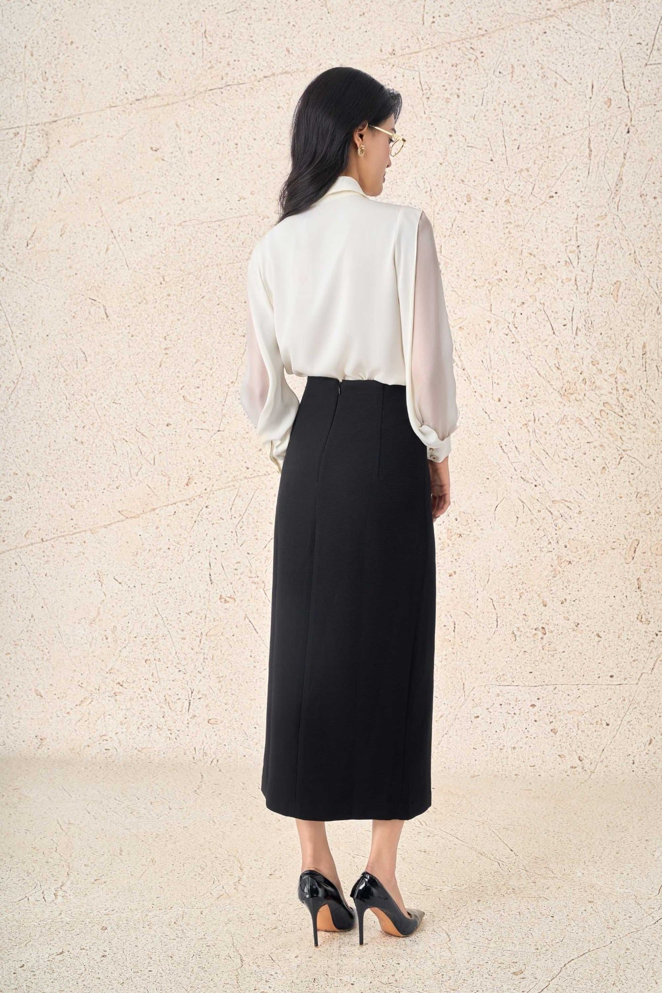 FJD51361 - Chân váy dài công sở vải thô dày dáng suông cạp liền eo váy phối khuy kim loại thời trang khoá thân sau - PANTIO