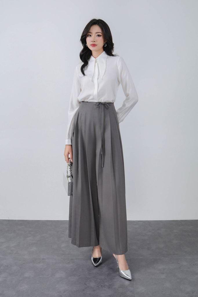 FQD53412 - Quần dài công sở vải thô đũi dáng suông ống rộng eo phối dây thắt nơ tạo kiểu khoá thân sau - PANTIO