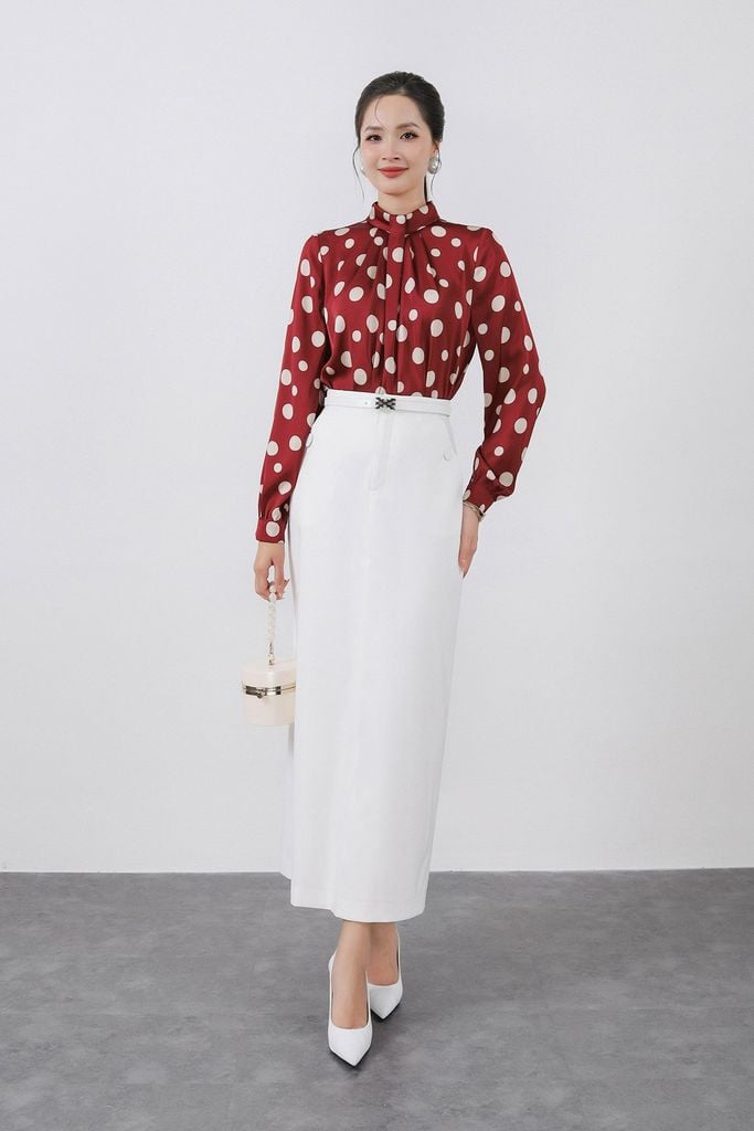 FAS53810 - Áo sơ mi công sở vải lụa cát dáng suông cổ kiểu vặn nhúm tay dài - PANTIO