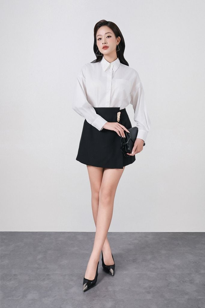 FAS53830 - Áo sơ mi công sở vải thô dáng suông cổ đức tay dài cài khuy trước - PANTIO