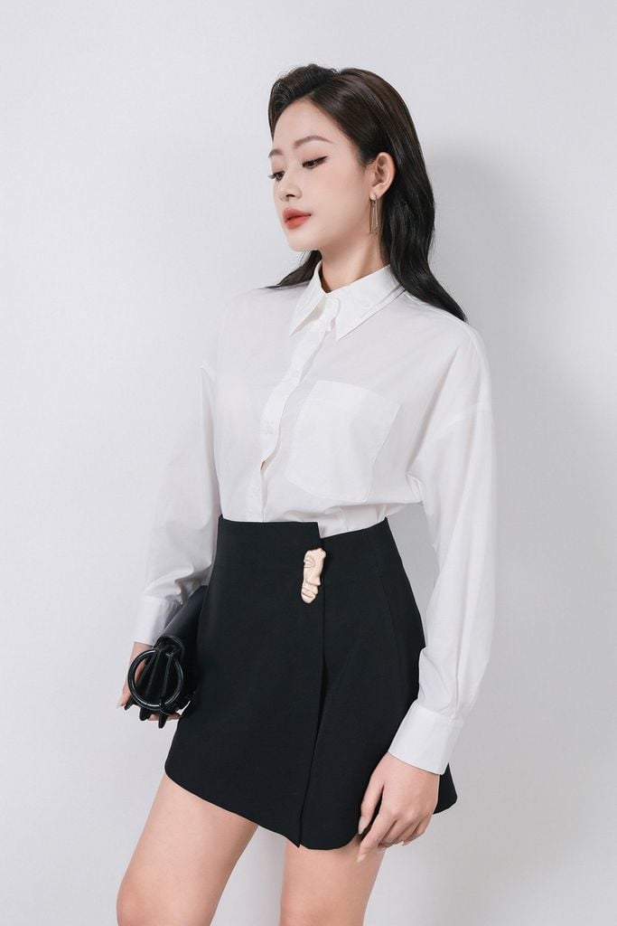 FAS53830 - Áo sơ mi công sở vải thô dáng suông cổ đức tay dài cài khuy trước - PANTIO