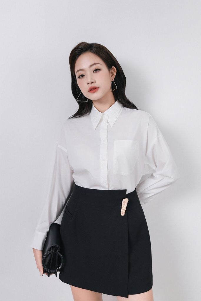 FAS53830 - Áo sơ mi công sở vải thô dáng suông cổ đức tay dài cài khuy trước - PANTIO