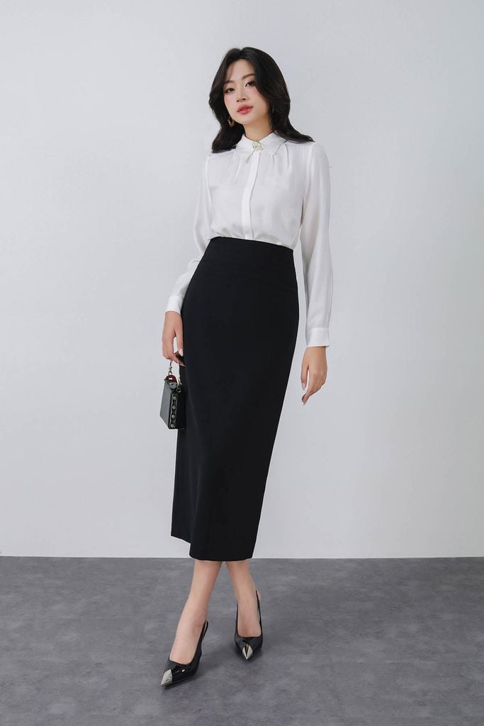 FJD51335 - Chân váy dài công sở vải tuytsi dáng suông cạp liền xếp nhún tạo kiểu khoá thân sau - PANTIO